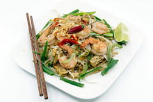 The Classic Thai Dish Pad Thai, Consisting Of Fried Noodles With Shrimps, Bean Sprouts, Fried Tofu, Crushed Peanuts And Spring Onion, France