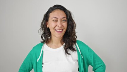 Wall Mural - Young beautiful hispanic woman smiling confident standing over isolated white background