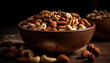 A rustic nut bowl with a variety of healthy snacks generated by AI