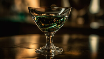 Canvas Print - A shiny crystal wineglass reflects elegance in a dark nightclub generated by AI