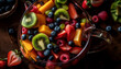 © Stockgiu - Juicy berry salad with multi colored fruit and refreshing yogurt dressing generated by AI