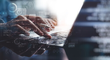 Poster - ai artificial intelligence and machine learning concept. businessman working on laptop computer with