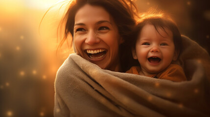 Wall Mural - adult woman with a smile with her son, boy, snuggled up cozy in bed, mother's love. Generative AI