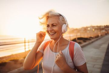 Happy senior woman listening music while jogging on sea shore, generative ai