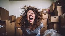 Bad Mood When Moving, Young Adult Woman Between Many Stacked Moving Boxes, Loud Scream Of Desperation, Moving House And Moving Stress. Generative AI