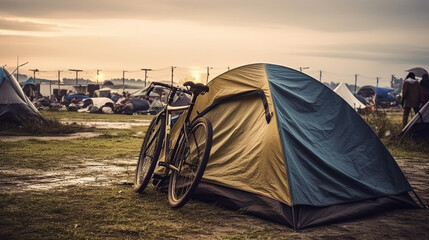 tents in a tent city or refugee camp, sadness and hopelessness with dirt and rainy weather, fictiona