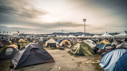 tents in a tent city or refugee camp, sadness and hopelessness with dirt and rainy weather, fictiona