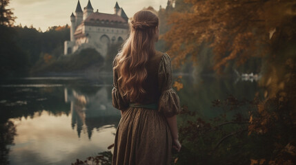 typical image from a fairy tale, woman in front of a castle, ancient vintage, travel, drama or crime, , typical german castle image, Germany, fictional location. Generative AI