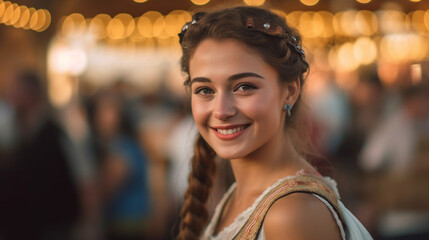 Wall Mural - teenager girl wears a dirndl at the oktoberfest or city festival or folk festival, joyful smile, anticipation and fun