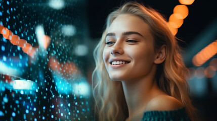 young adult woman in front of digital hologram, holographic artificial intelligence, joy and fun, enthusiasm excited