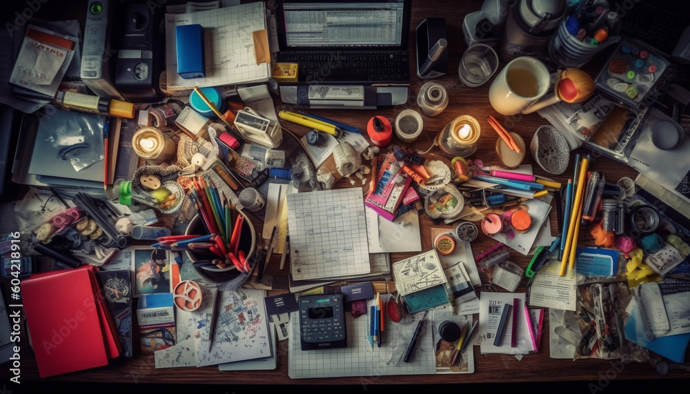 Chaos on desk old industry tools, messy papers, colorful pencils ...