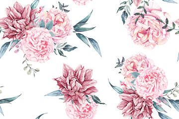 Seamless pattern of rose, lily and blooming flowers painted in watercolor on white background.Designed for fabric luxurious and wallpaper, vintage style.Hand drawn botanical floral pattern.