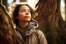 Young Mixed Race Woman Forest Bathing With Trees. Generative AI.