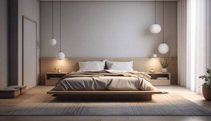 Wall Mural - Modern luxury bedroom with elegant design and comfortable bedding generated by AI