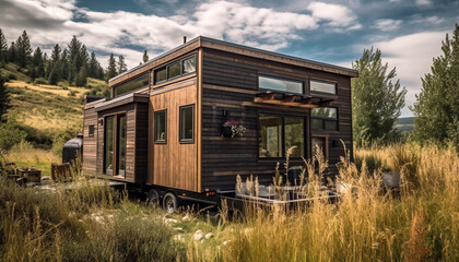 Canvas Print - elegant and modern wooden house in the field generated by AI