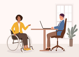 Smiling Black Woman Candidate With Wheelchair Having A Job Interview With A Manager At The Office. Full Length. Flat Design Style, Character, Cartoon.