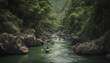 © Stockgiu - Men kayaking in the flowing water of a beautiful ravine generated by AI