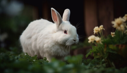 Canvas Print - A cute baby rabbit with fluffy fur sits in grass generated by AI