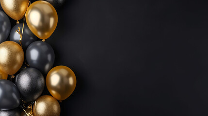 Wall Mural - Gold balloons bunch on a black wall background. Generative AI