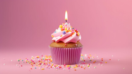 Wall Mural - Composition with birthday cupcake on pink background. 