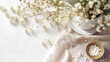 Styled stock photo. Feminine wedding desktop mockup with baby's breath Gypsophila flowers