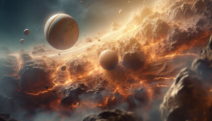 Poster - Sunset sphere orbits majestic planet in glowing nebula landscape generated by AI