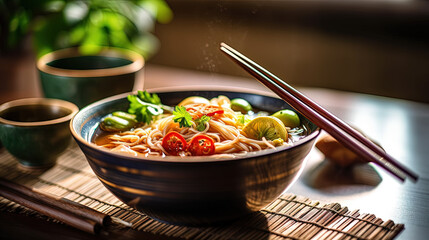 a bowl of food with chopsticks on a table