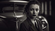 © Stockgiu - A confident young woman driving an elegant vintage car outdoors generated by AI