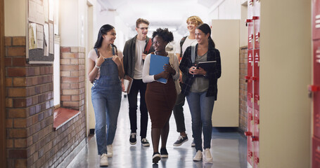 Sticker - Happy, school diversity and students in a hallway for education, learning and talking. Smile, conversation and friends speaking while walking to class from a break and studying together as a group