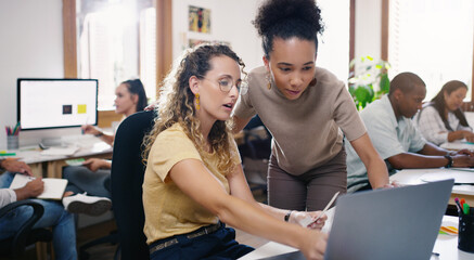 Poster - Talking, planning and business people in training with a laptop for leadership and mentoring. Meeting, project management and women speaking about online strategy, ideas or inspiration at work