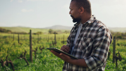 Poster - farm, tablet and a black man on a field for agriculture, sustainability or crop research during spri