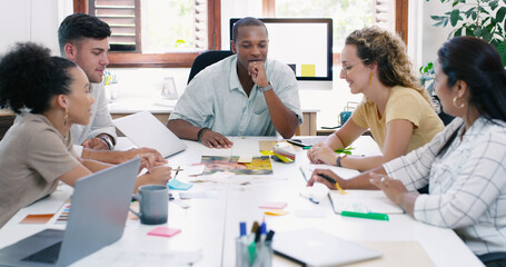 Aufkleber - Business people, meeting and design team in office, planning and collaboration. Teamwork, group and designers, men and women brainstorming strategy, creative discussion and cooperation in workplace.