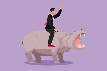 Wall Mural - Character flat drawing businessman riding hippopotamus symbol of success. Business metaphor, looking at the goal, achievement, leadership. Professional entrepreneur. Cartoon design vector illustration