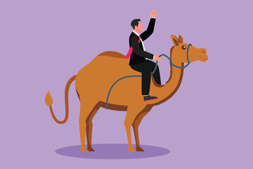 Wall Mural - Character flat drawing Arab businessman riding camel. Investment, bullish stock market trading, rising bonds trend. Successful businessman trader. Business metaphor. Cartoon design vector illustration