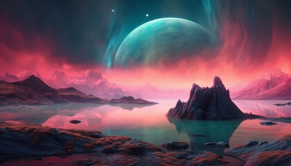 Galactic sunset over majestic mountain peak in futuristic landscape illustration generated by AI