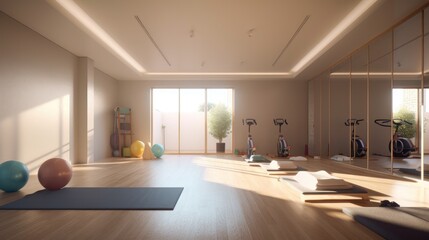 Modern interior decoration of gym. Created with Generative AI technology.  