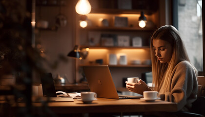 Wall Mural - One woman, comfortable in casual clothing, enjoys coffee and technology generated by AI