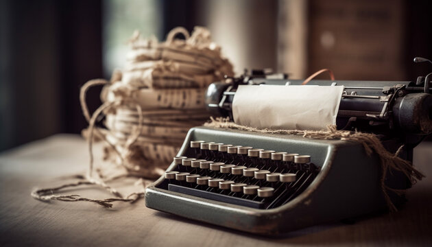 An old fashioned typewriter on a rustic wooden table, a still life generated by AI