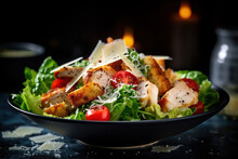 A Delicious Chicken Caesar Salad With Parmesan Cheese, Tomatoes, Croutons And Dressing