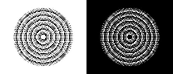 Aufkleber - Abstract halftone dotted circles advertising background. Ripple optical illusion effect. Black shape on a white background and the same white shape on the black side.