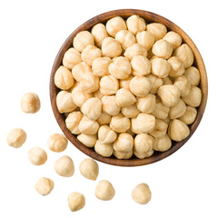 Wall Mural - Hazelnuts in the wooden bowl, isolated on the white background, top view.