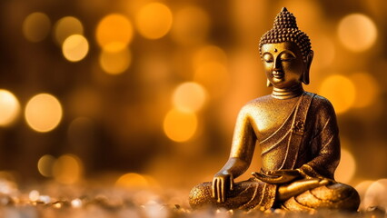 Golden buddha statue on golden background with blurred stardust with Generative AI.
