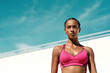 © Emil Lime/peopleimages.com - Exercise, fitness and serious woman with blue sky mock up at outdoor gym for health and wellness with focus on goals. Workout, sports model and athlete with sweat, healthy mindset and fit summer goal