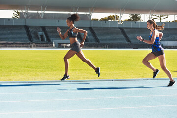 Wall Mural - Woman, running and stadium track for race, competition or fitness athletics in the outdoors. Fit, active or sporty women, runner or sprinting in exercise, workout or training for healthy cardio