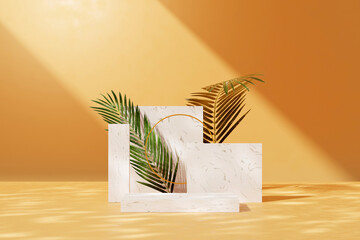 Wall Mural - Front view of smooth yellow wall background with light in the center. Geometric platforms with marble material arranged with palm leaves. Space for advertising cosmetics product.