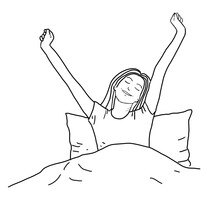 Happy Young Smiling Woman With Eyes Closed And  Stretching Out In Bed Feeling Fresh And Relaxed. Line Drawing Illustration.