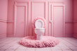 Fluffy soft wool fluff in pink color on the toilet seat in the toilet, glamorous kinky combination interior. Generative AI.