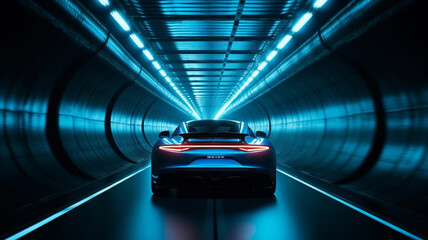 Car riding through the tunnel with neon light blue color. Generative AI