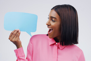 Poster - Woman is excited, speech bubble and social media with mockup space and online branding on white background. Communication, surprise announcement and female person with news and advertising in studio