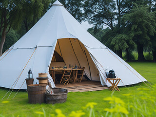camping tent on the grass in the garden. camping concept. ai generated.